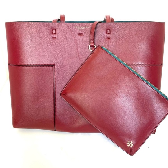 Tory Burch T Block Tote,”Imperial Garnet, with Leather Removable Pouch with logo - Picture 10 of 16